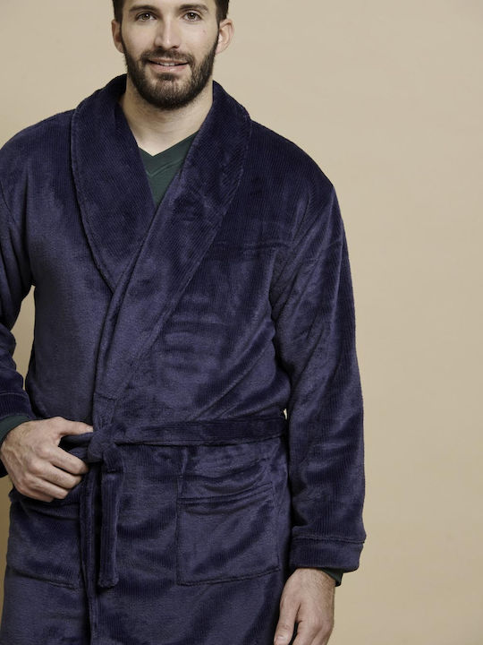 Jeannette Lingerie Χειμερινή Ανδρική Ρόμπα Fleece Μπλε
