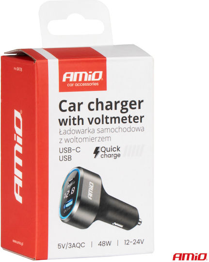 AMiO Car Charger 30W Fast Charging with Ports 1xUSB 1xType-C and Voltmeter Black Color