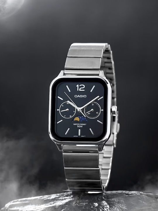 Casio Ανδρικό Ρολόι 34mm Χρονογράφος Μπαταρίας με Ασημί Μεταλλικό Μπρασελέ