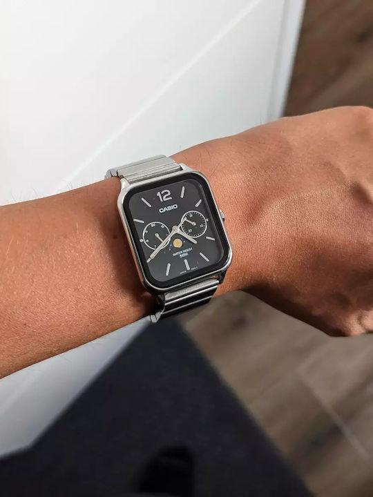 Casio Ανδρικό Ρολόι 34mm Χρονογράφος Μπαταρίας με Ασημί Μεταλλικό Μπρασελέ