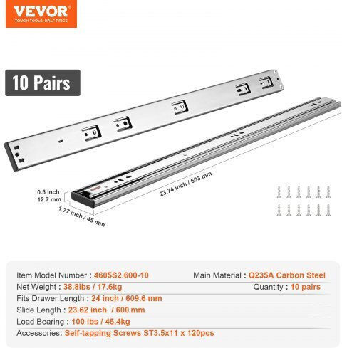 Vevor 10 Pairs Drawer Slides 609.6mm Side Mount Heavy Duty Soft Close 100lbs Load Czcjctdg100l9kg10v0