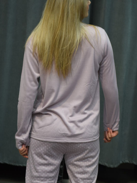 Caress Χειμερινό Γυναικείο Σετ Πιτζάμας Fleece Λιλά