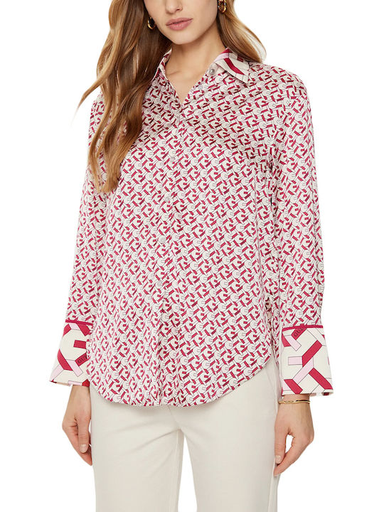 Guess Women's Satin Long Sleeve Shirt Εκρού, Κόκκινο, Ροζ