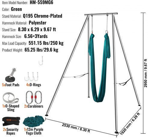 Vevor Aerial Yoga Frame & Hammock 2.95m Height Maximum Load 250kg Green Kjdc293m6mdc3zfudv0