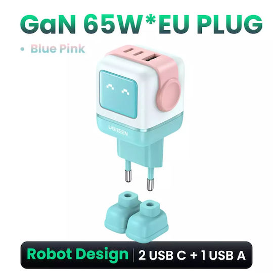 Ugreen Ladegerät ohne Kabel GaN mit USB-A Anschluss und 2 USB-C Anschlüsse 65W Stromlieferung / Schnellaufladung 4.0 Pink Blue (Robot)