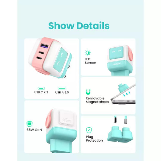 Ugreen Charger Without Cable GaN with USB-A Port and 2 USB-C Ports 65W Power Delivery / Quick Charge 4.0 Pink Blue (Robot)