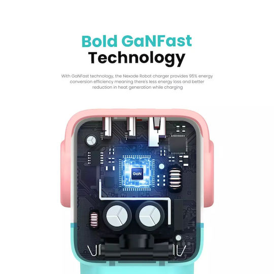 Ugreen Charger Without Cable GaN with USB-A Port and 2 USB-C Ports 65W Power Delivery / Quick Charge 4.0 Pink Blue (Robot)