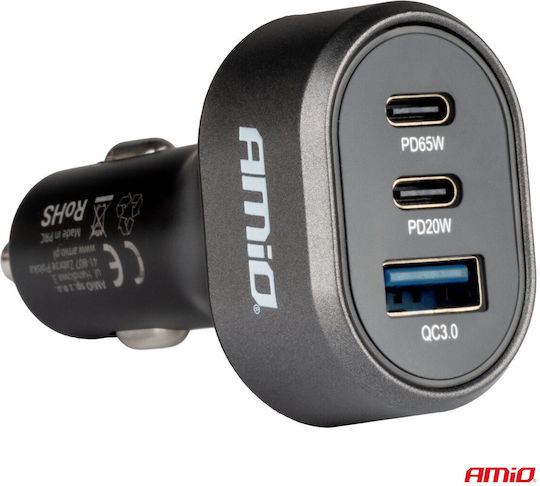 AMiO Car Charger Black Fast Charging with Ports: 1xUSB 2xType-C