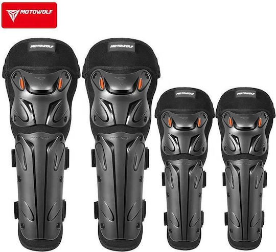 Motorrad Knie- und Ellbogenschützer Set Verstellbarer Klettverschluss Schnellverschluss Belüftet CE-zertifizierte Schalenprotektoren Modell 1010 Lang Motowolf