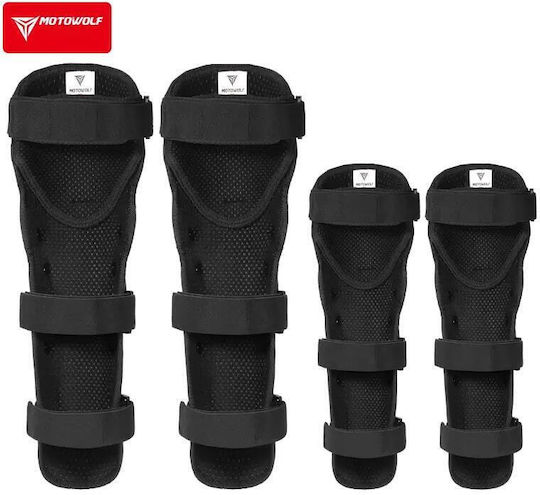 Motorrad Knie- und Ellbogenschützer Set Verstellbarer Klettverschluss Schnellverschluss Belüftet CE-zertifizierte Schalenprotektoren Modell 1010 Lang Motowolf