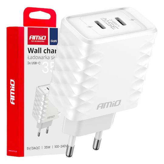 AMiO Încărcător Fără Cablu GaN cu 2 Porturi USB-C 35W Livrarea energiei Albς (04288)