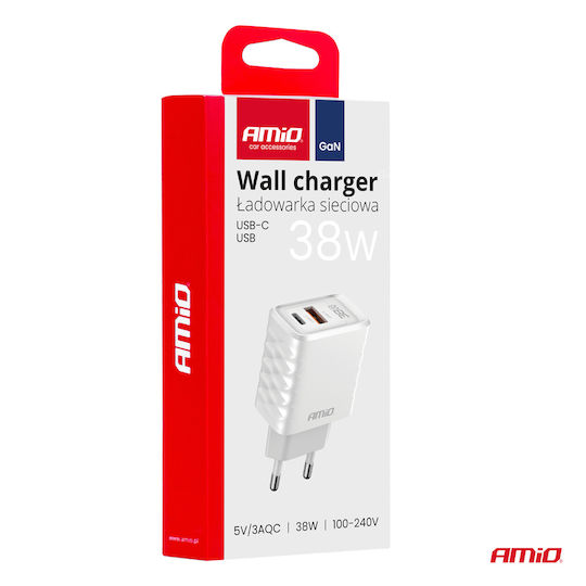 AMiO Încărcător Fără Cablu GaN cu Port USB-A și Port USB-C 38W Livrarea energiei Albς (04287)