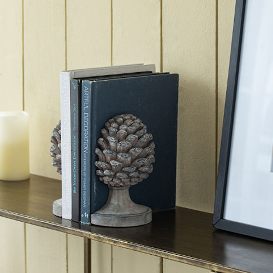 Artekko Pine Cone Βιβλιοστάτες Κουκουνάρα Ρητίνης Γκρι 23.5x18.5x15.5 Cm Σετ/2
