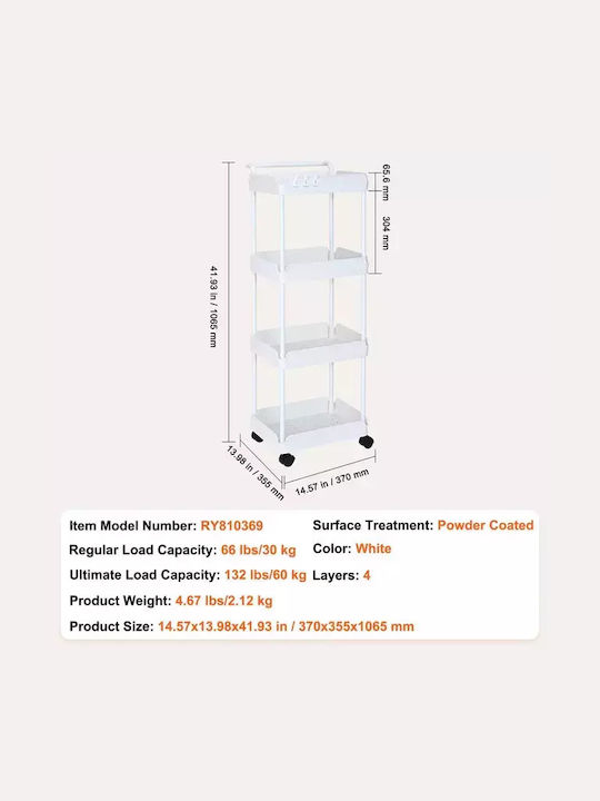 Kitchen Cart Metallic 4 Tiers White 37x35.5x106.5cm