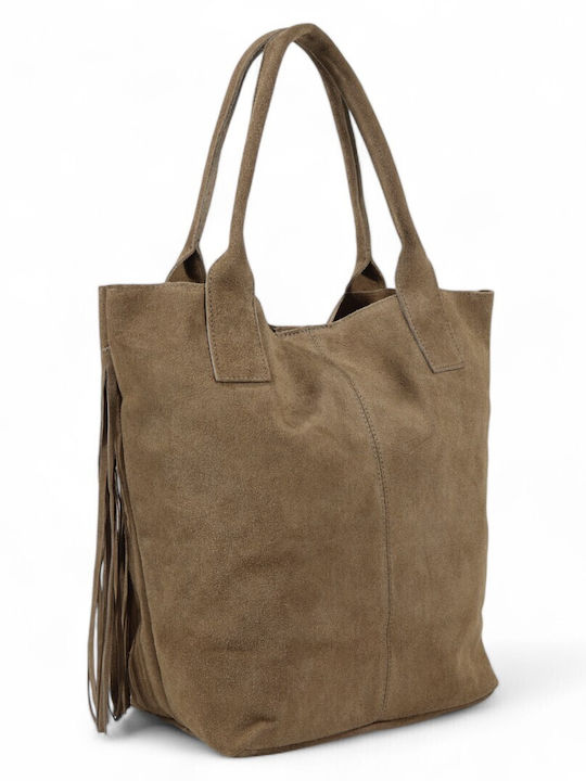 Damentasche aus Leder mit Wildleder und Fransen Taupe