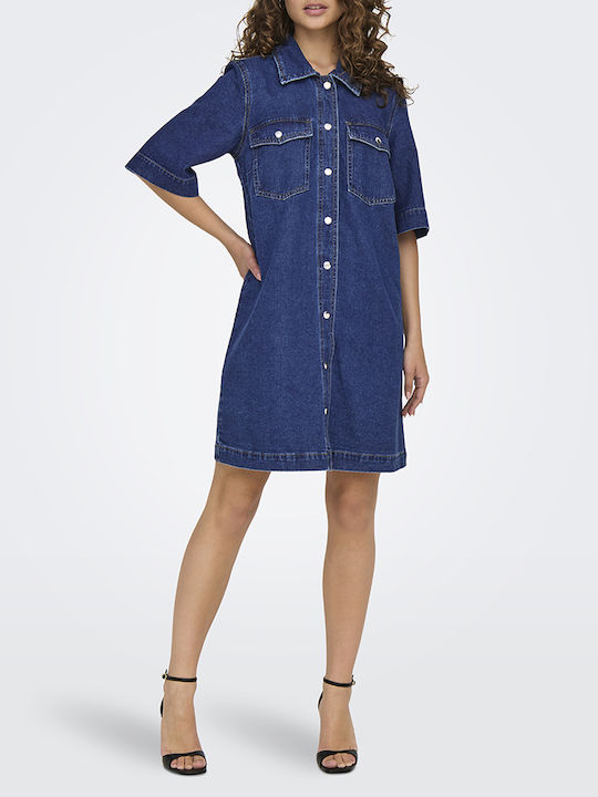 Summer Mini Shirt Dress Denim Dark Blue Denim