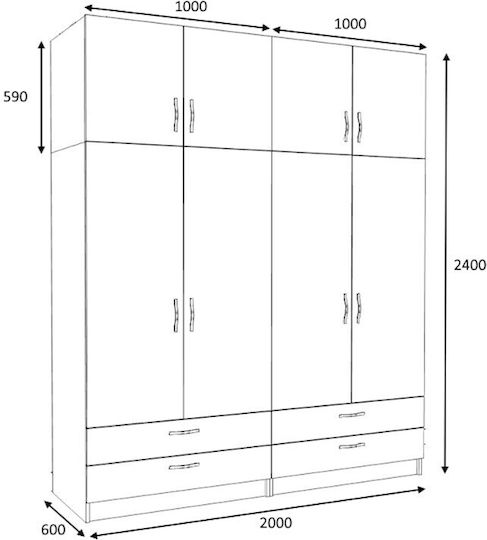 Patru uși Dulap de Haine Victoria cu Spațiu de Depozitare Alb 200x60x240cm