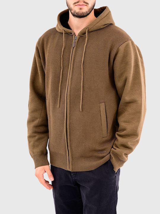 Lexton Men's Knitted Hooded Cardigan with Zipper Dark Beige Brown