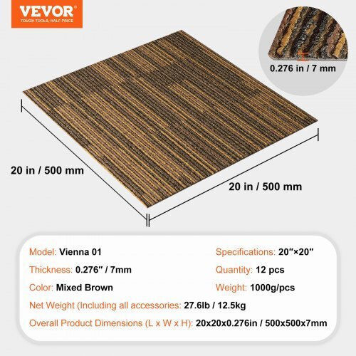 Vevor Carpet Tiles 20"x20" Built-in Padding 12 Pieces Brown Kcxfkdt2020ypi6hyv0