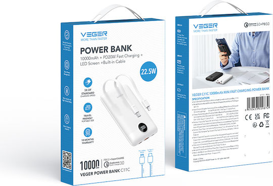 Veger W1170 Power Bank 10000mAh με Θύρα USB-A και Θύρα USB-C Λευκό