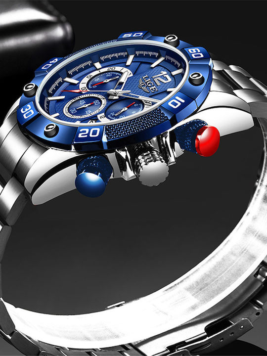 Lige Men's Watch 47mm Battery with Silver Metal Bracelet