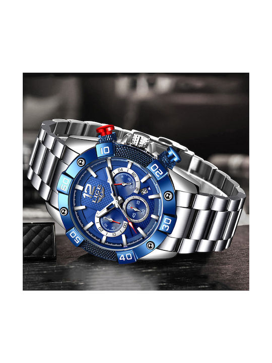 Lige Men's Watch 47mm Battery with Silver Metal Bracelet