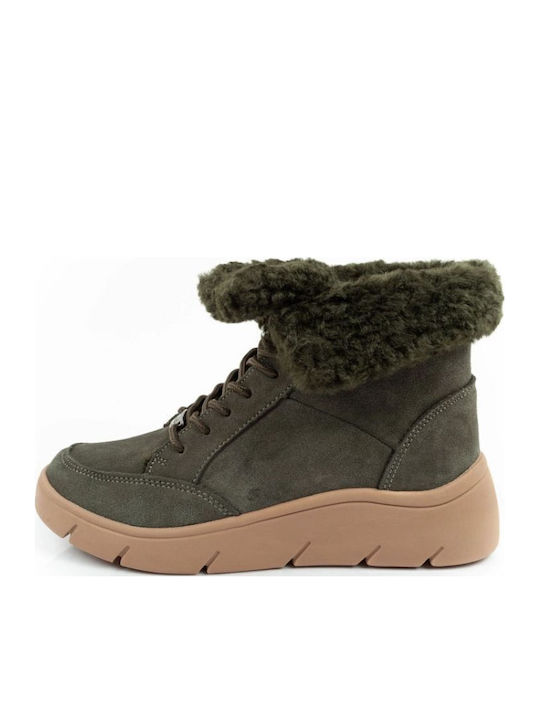Stelvio Ghete Dama De Piele Ankle Boots Cu Platformă Și Blană Kaki