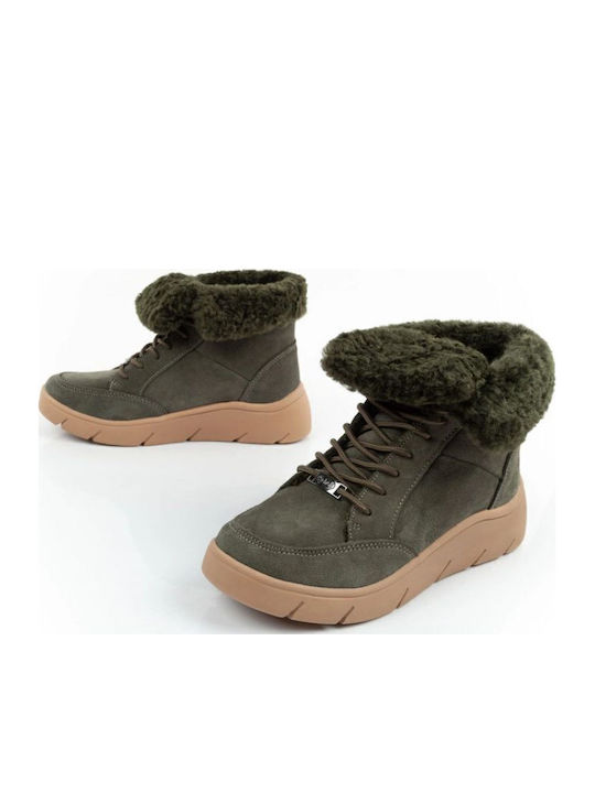 Stelvio Ghete Dama De Piele Ankle Boots Cu Platformă Și Blană Kaki