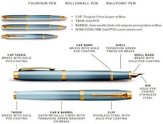 Parker Writing Pen Medium Green made of Brass with Blue Ink