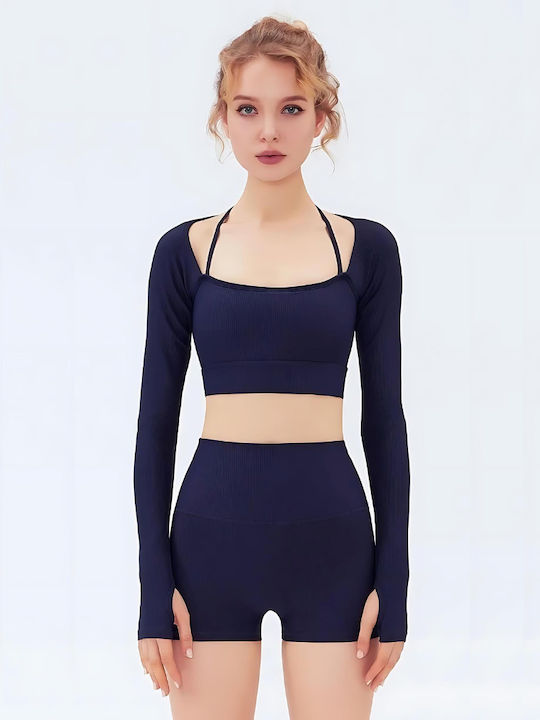 Amouna Γυναικείο Αθλητικό Crop Top Μακρυμάνικο Navy Μπλε