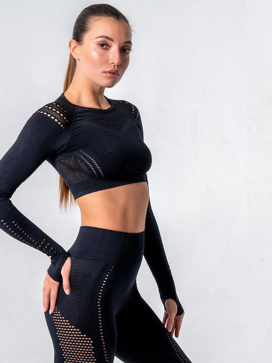 Women's Athletic Long Sleeve Crop Top Black