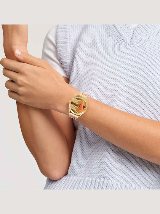 Swatch Златен Кварцов Часовник с Текстилна Каишка Swatch Златен Кварцов Часовник с Текстилна Каишка