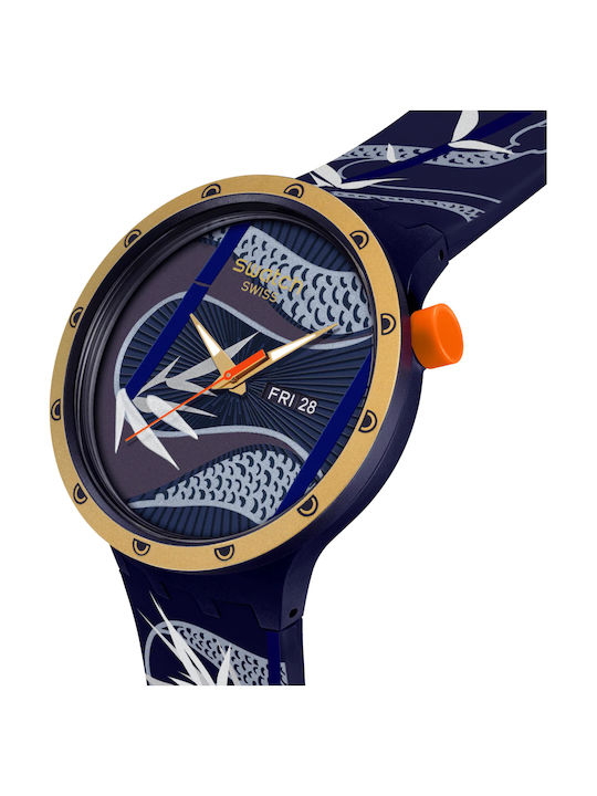 Swatch Golden Damen Uhr mit Blau Kautschukarmband