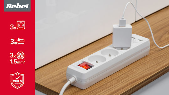 Lechpol Power Strip 3 Positions with 2 USB-A, Switch and Cable 3m