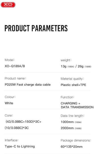 XO NB-Q189B USB-C zu Lightning Kabel 20W Weiß 2m (16.005.0286)