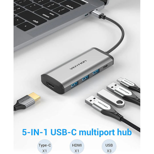 Vention CNBHB USB-C Docking Station with HDMI 4K PD and Support for 2 Monitors Gray