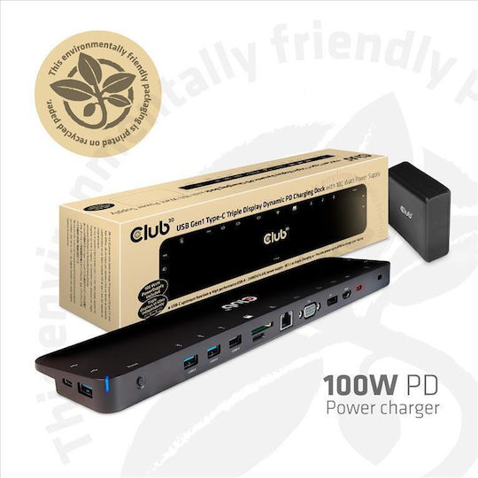Club3D USB-C Docking Station with HDMI/DisplayPort 4K PD Ethernet and Support for 3 Monitors Black (CSV-1564W100)
