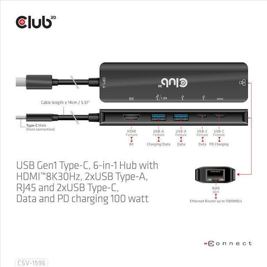 Club3D USB-C Docking Station με HDMI 4K PD Ethernet Μαύρο (CSV-1596)
