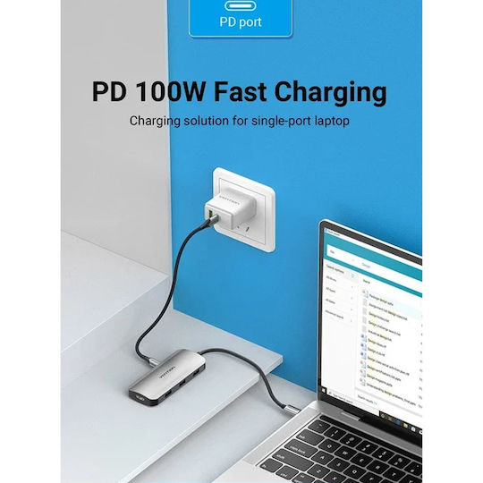 Vention TODHB USB-C Docking Station with HDMI 4K PD and Support for 2 Monitors Gray