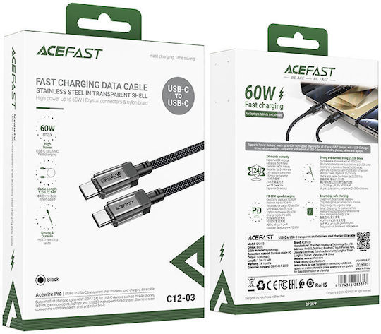Acefast USB 2.0 Cable USB-C male - USB-C 60W PD Μαύρο 1.2m