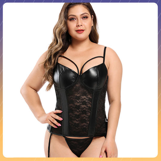 La Lolita Amsterdam Antzelina Leder-Bustier-Set mit Spitzendetails & Unterwäsche-String-Set Schwarz