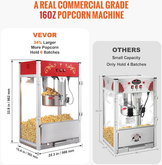 Vevor Commercial Popcorn Machine 1615W 56.6x39.2x86.2cm