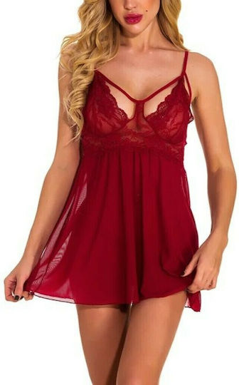 La Lolita Amsterdam SY200012-BK1 Σετ Sexy Νυχτικό με Δαντέλα & Διαφάνεια Angel Split Back Babydoll Set Red