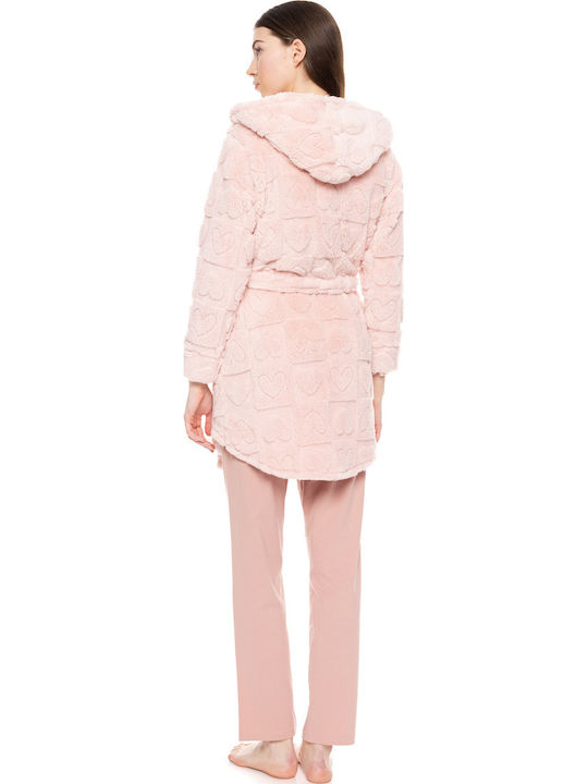 Pink Label Χειμερινή Γυναικεία Fleece Ρόμπα Pink