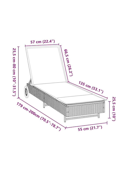 Liegestuhl Rattan mit Kissen & Rädern Schwarz 200x55x25.5cm.