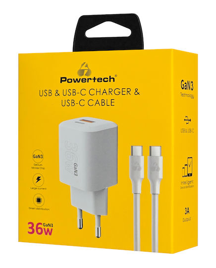 Powertech Charger GaN with USB-A Port and USB-C Port and Cable USB-C - USB-C 36W Power Delivery / Quick Charge 3.0 Whites (PT-1351)