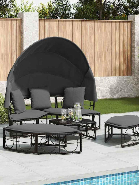 Canapea de exterior cu copertină și perne, ratan sintetic negru, negru