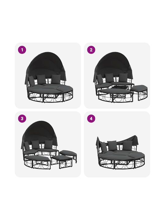 Canapea de exterior cu copertină și perne, ratan sintetic negru, negru