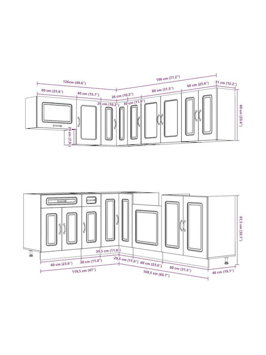Lucca Kitchen Cabinet Set Wall & Floor with Countertop Grey Concrete 342x46x141.5cm