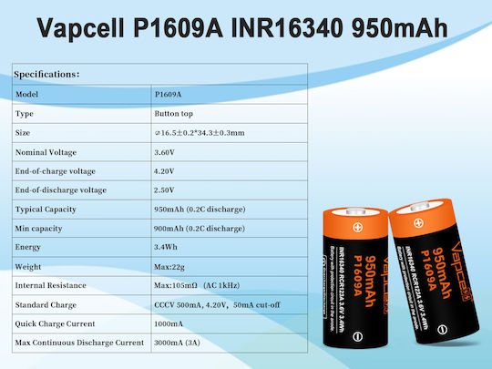 Baterie Vapcell 16340 P1609a 950mAh 3A